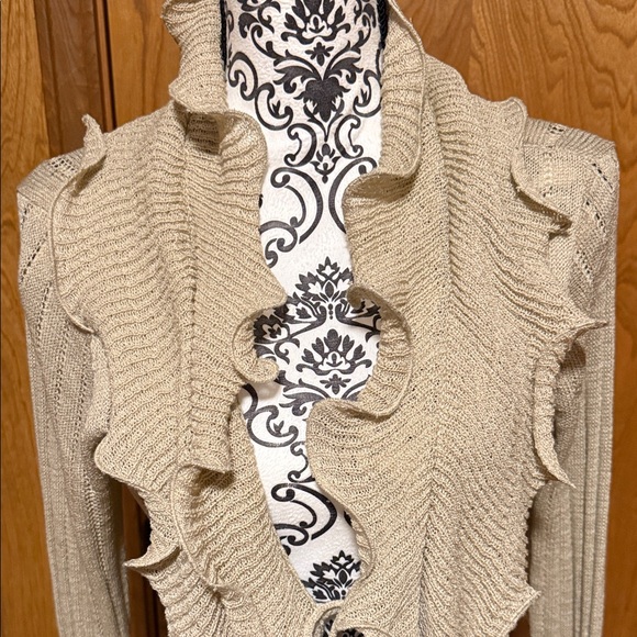 Boston Proper Tan Waterfall Ruffled Longline Cardigan with Ties Lightweight Med - Picture 3 of 11